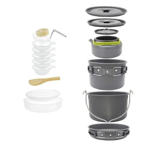 Juego de utensilios de cocina para acampar para 1 a 7 personas, olla y sartén ligeros y portátiles con bolsa de transporte, perfecto para acampar al aire libre