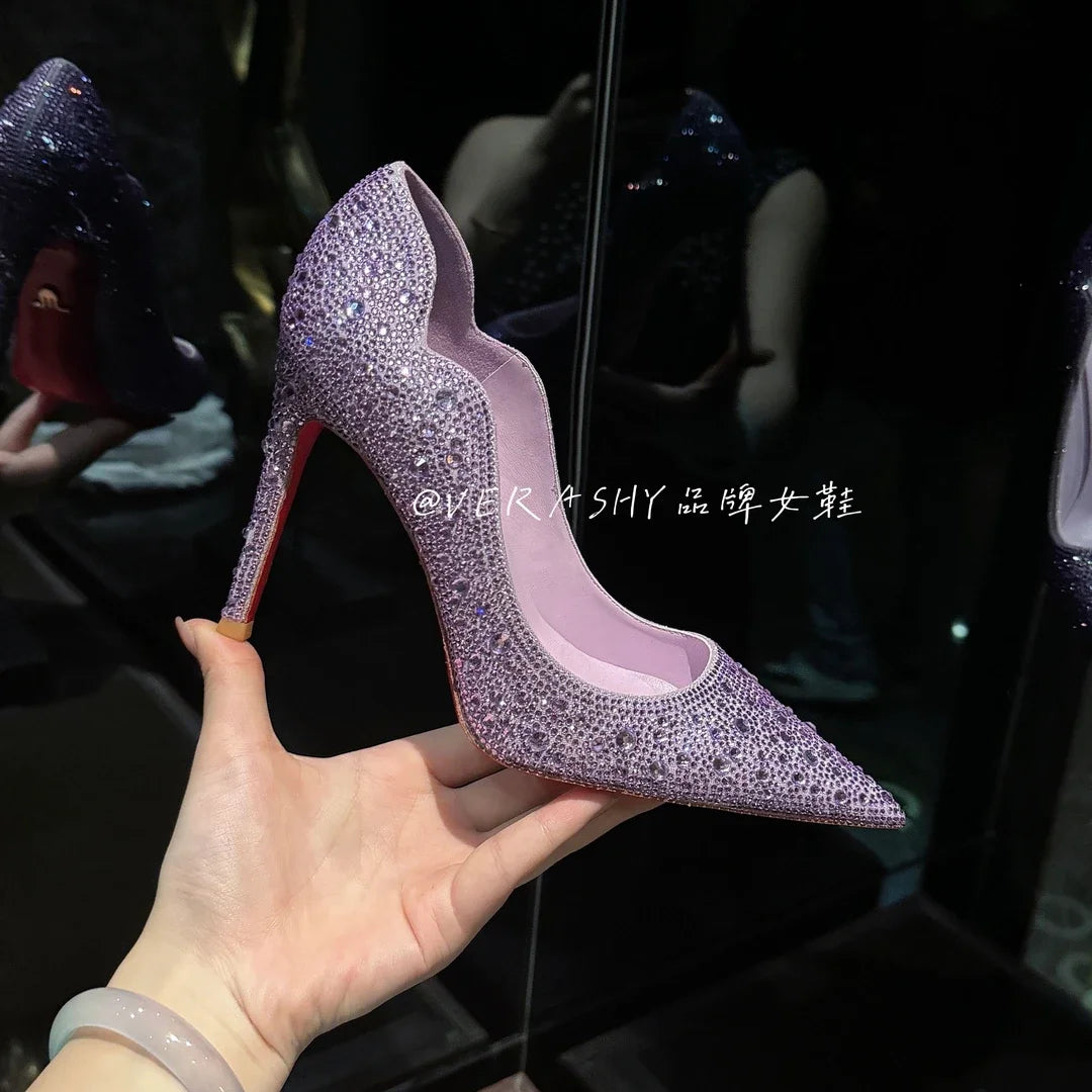 Tacones altos para mujer, primavera 20220, oro nuevo, Sexy, puntiagudos, franceses, finos con zapatos individuales, zapatos de boda de cristal para mujer, zapato de suela roja para mujer