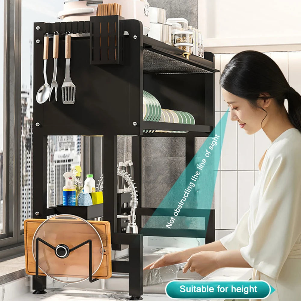 Estante de drenaje de cocina, estante de almacenamiento de cocina multifuncional de 3 niveles, organizador de fregadero de cocina, estante para platos grande sobre el fregadero con cubierta