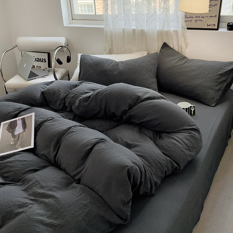 Juegos de fundas de edredón gris oscuro a la moda, fundas de edredón cepilladas, juegos de cama individual doble Queen, funda de almohada para niños, funda de edredón sólida