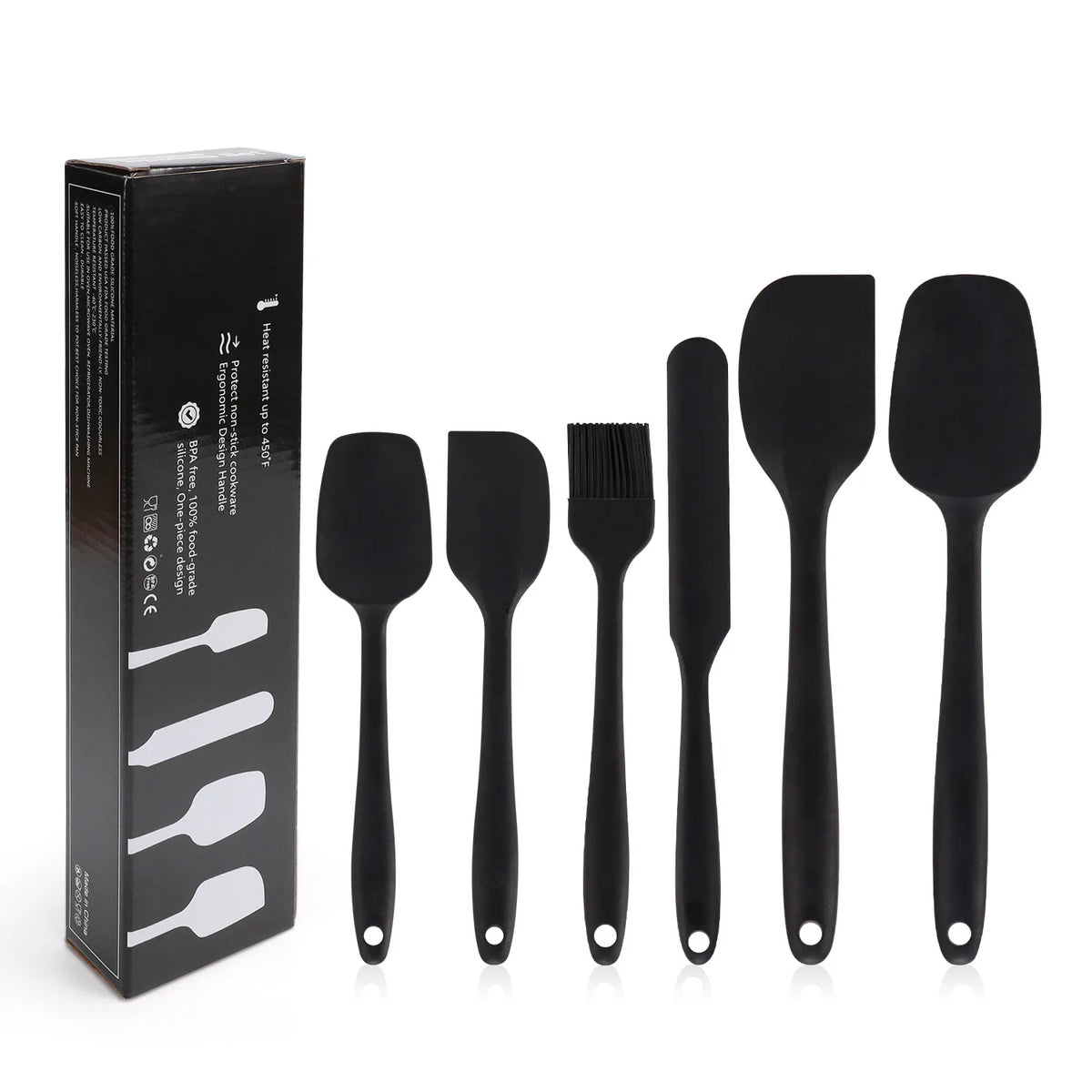Juego de utensilios de cocina de silicona de 6 piezas, espátula integrada color crema, cepillo para aceite, juego de espátulas de diferentes tamaños