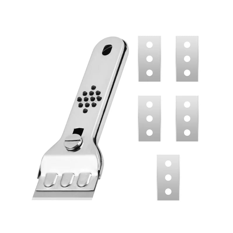 Raspador de cocina de acero inoxidable, raspador de vidrio y cerámica con cuchillas de repuesto, herramientas raspadoras de limpieza de ventanas y suelo de pared