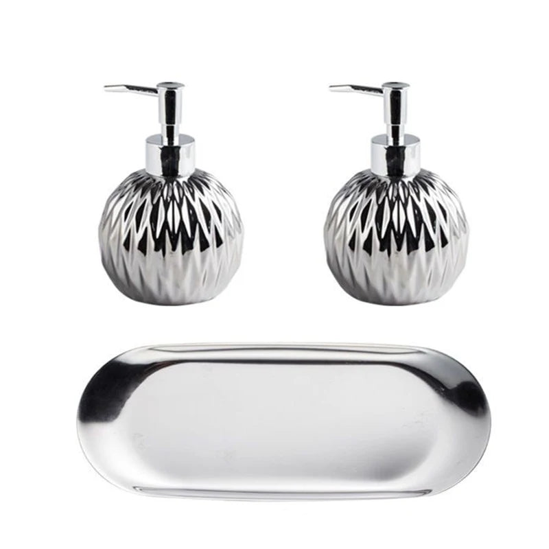 Dispensador de jabón dorado/plateado de lujo con mango de prensa, dispensador de cerámica con bandeja de acero inoxidable, accesorio de baño