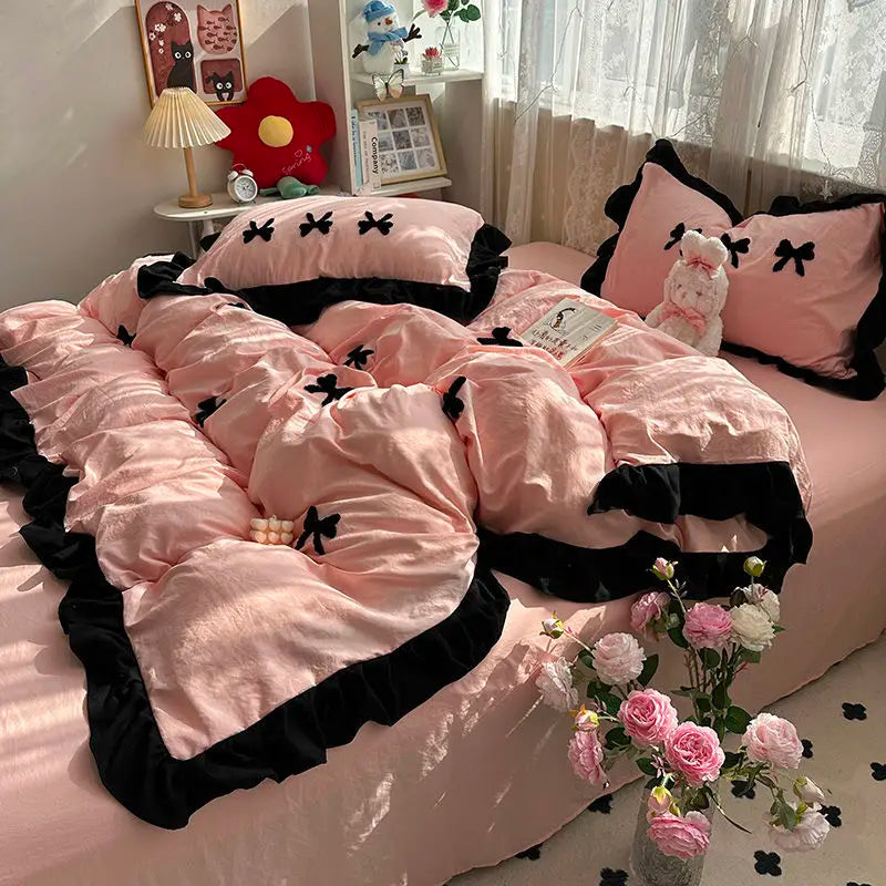 Juego de cama con lazo rosa Ins, funda nórdica con volantes, juego de sábanas planas, juego de ropa de cama de princesa para mujeres y niñas, ropa de cama individual doble Queen