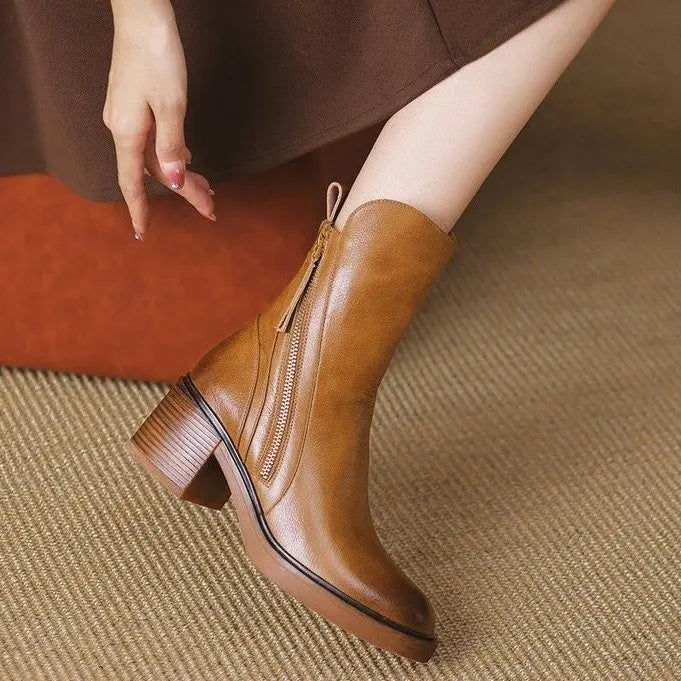 Botines de tacón alto para mujer, botas cortas de cuero con punta redonda, botas de tacón grueso, botines con cremallera lateral, tacón de plataforma para mujer
