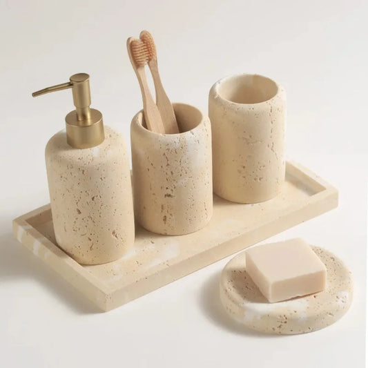 Juego de baño de travertino: jabonera con drenaje, dispensador de jabón líquido, dispensador de emulsión, dispensador de jabón en barra, caja de jabón, vaso para enjuague bucal y bandeja.