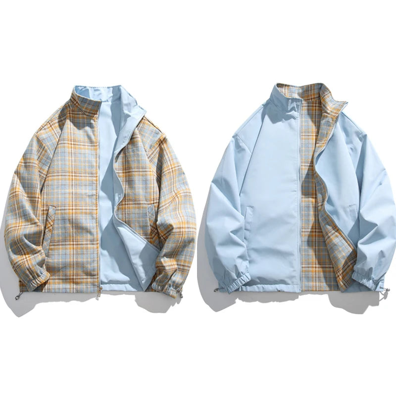 Una Reta-Chaqueta Harajuku para hombre, abrigo de doble cara de Hip hop, ropa de calle informal a cuadros, chaquetas sueltas, Otoño, nuevo