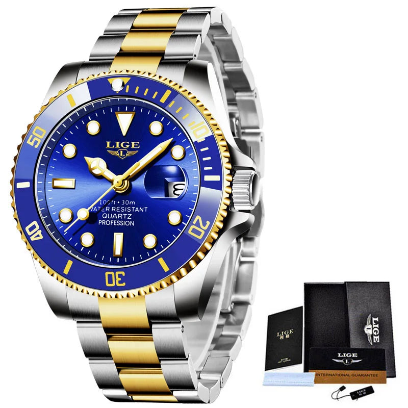 Reloj de buceo LIGE de lujo a la moda para hombre, reloj de fecha resistente al agua 30ATM, relojes deportivos, reloj de pulsera de cuarzo para hombre, reloj Masculino