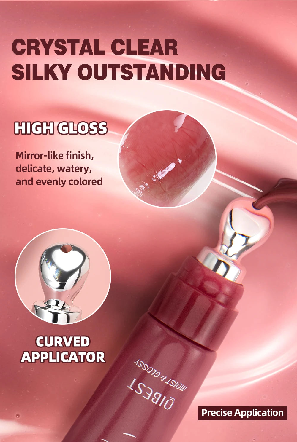 Brillo Labial QIBEST Efecto Espejo, Tinte de Larga Duración, Hidratante, Brillante, con Purpurina, Maquillaje Nutritivo