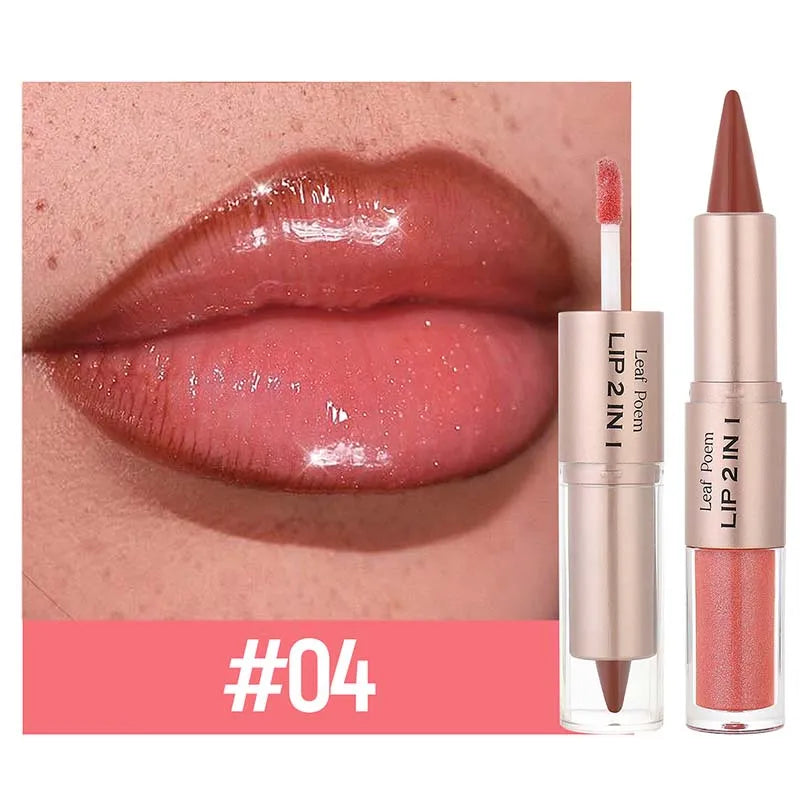 Lápiz Delineador de labios mate 2 en 1 de doble cabeza, resistente al agua, antiadherente, brillo de espejo, tinte de labios, brillo de labios marrón, maquillaje de lápiz labial