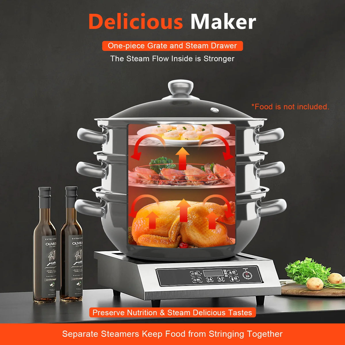 Olla de vapor de acero inoxidable grande para cocinar alimentos y verduras, multifunción, de 3 niveles, 28CM