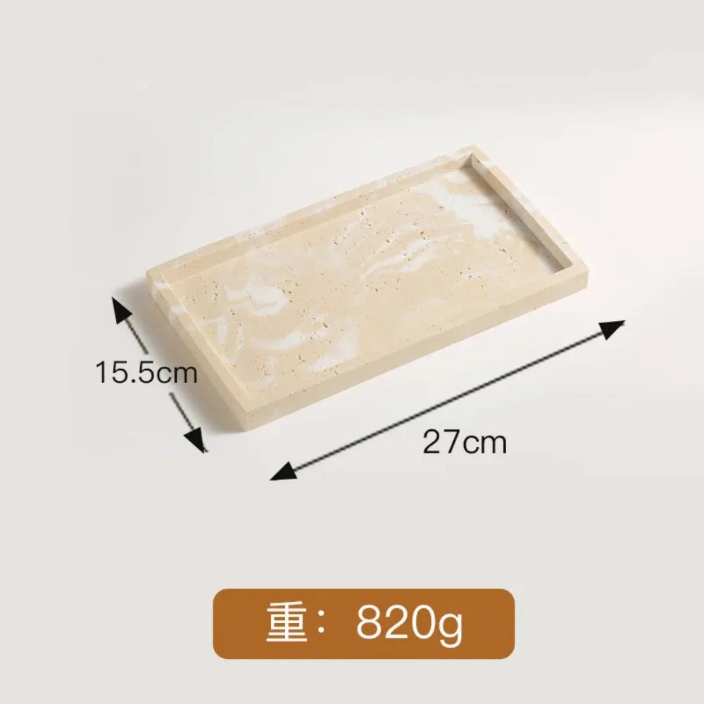 Juego de baño de travertino: jabonera con drenaje, dispensador de jabón líquido, dispensador de emulsión, dispensador de jabón en barra, caja de jabón, vaso para enjuague bucal y bandeja.