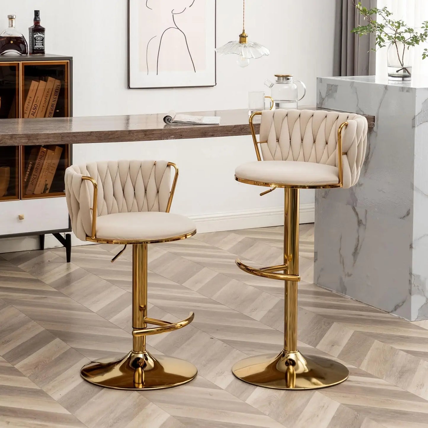 Juego de 3 Taburetes de Bar de Terciopelo Dorado, Taburetes Giratorios con Respaldo para Barra de Cocina, Ajustables y Tejidos, Personalizables