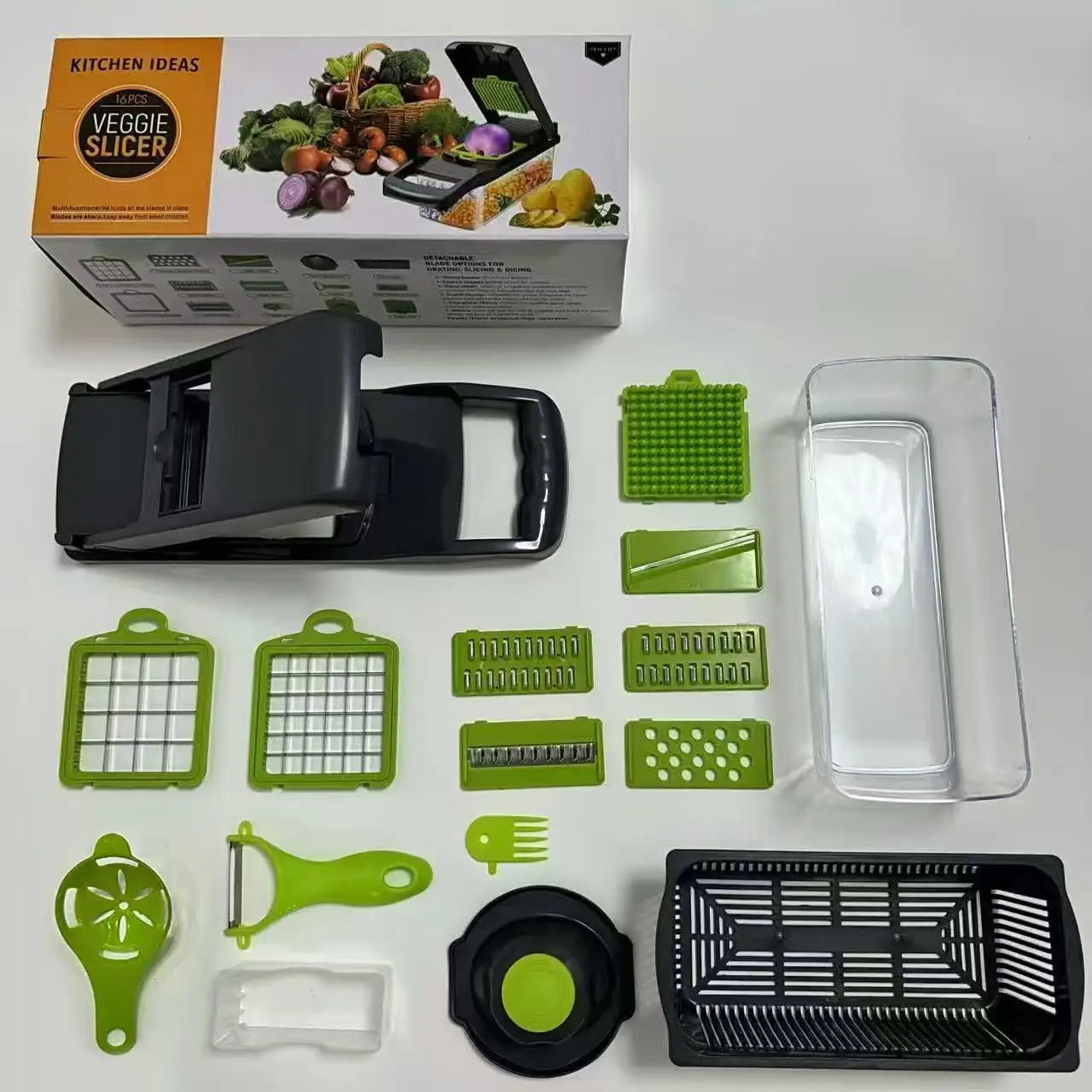 Picador de Verduras Multifuncional con Mango, 14/16 en 1, Rebanador, Cortador en Cubos, Rallador de Alimentos, Gadget de Cocina