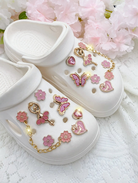 14 adornos de moda para zapatos de ABS: flores rosas, mariposas, corazones y cadenas de flores. Decoraciones removibles DIY para sandalias, A
