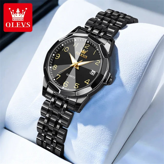 OLEVS 9970 reloj de lujo para parejas, reloj de pulsera con calendario resistente al agua de acero inoxidable para hombres y mujeres, reloj para amantes del espejo con rombos y esfera Digital