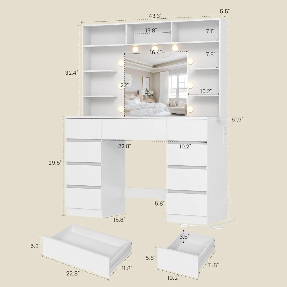 Tocador con espejo y luces, 9 cajones, 7 estantes, blanco, mesa de maquillaje de 43 pulgadas, USB y enchufes