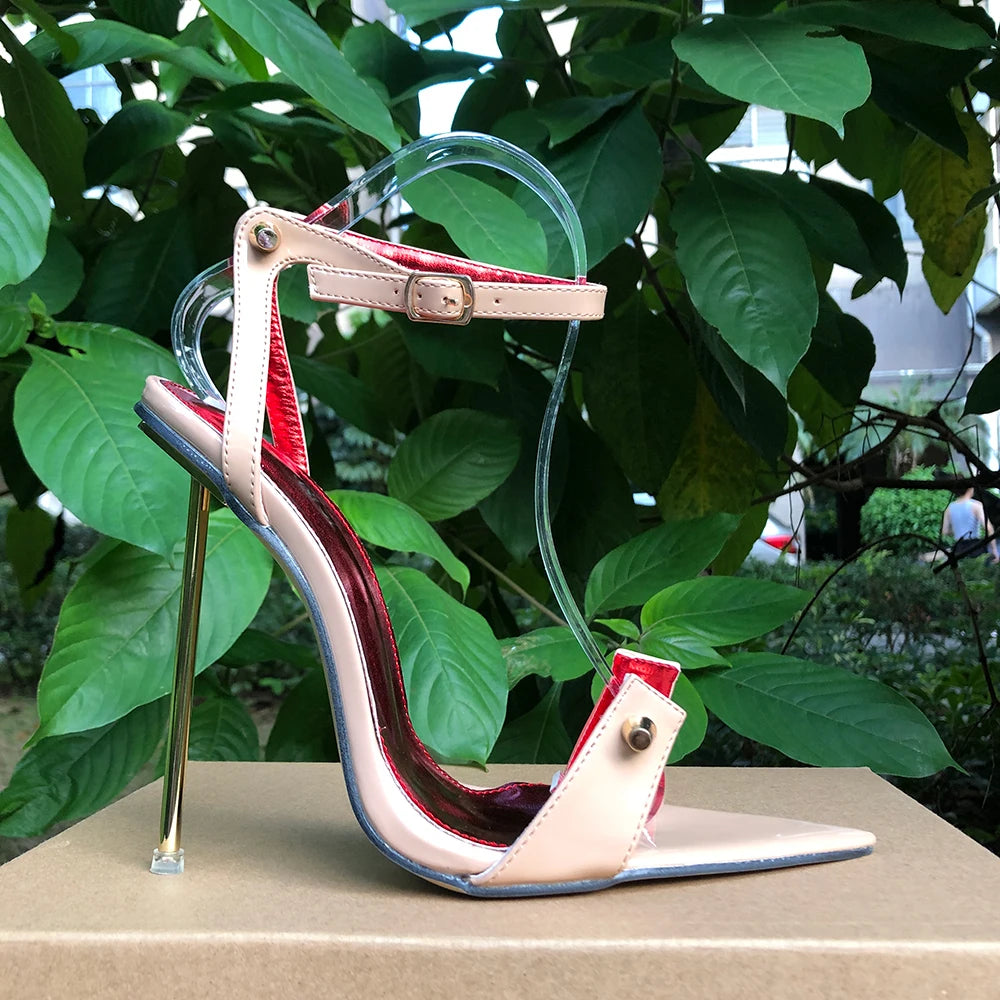 Zapatos de tacón de aguja para mujer, tacones altos de Metal de 12cm, sandalias sexis con correa en el tobillo y punta puntiaguda, modelo fetiche SM Man Drag Queen, zapatos Unisex
