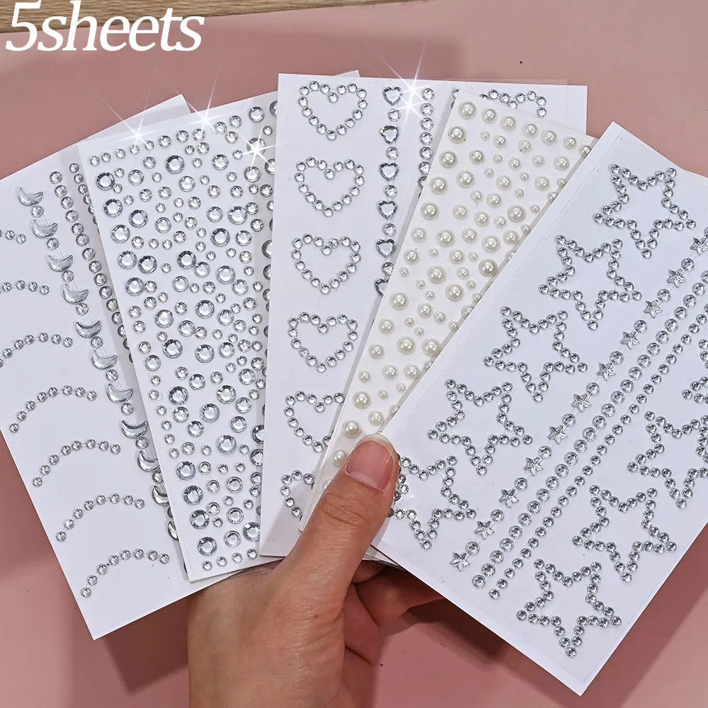 1 hoja 900 Uds. Pegatinas de gemas brillantes de cara de arcoíris, tatuaje Facial adhesivo, joyas de diamantes de imitación para ojos, mezcla de 3/4/5mm, maquillaje para fiesta de boda