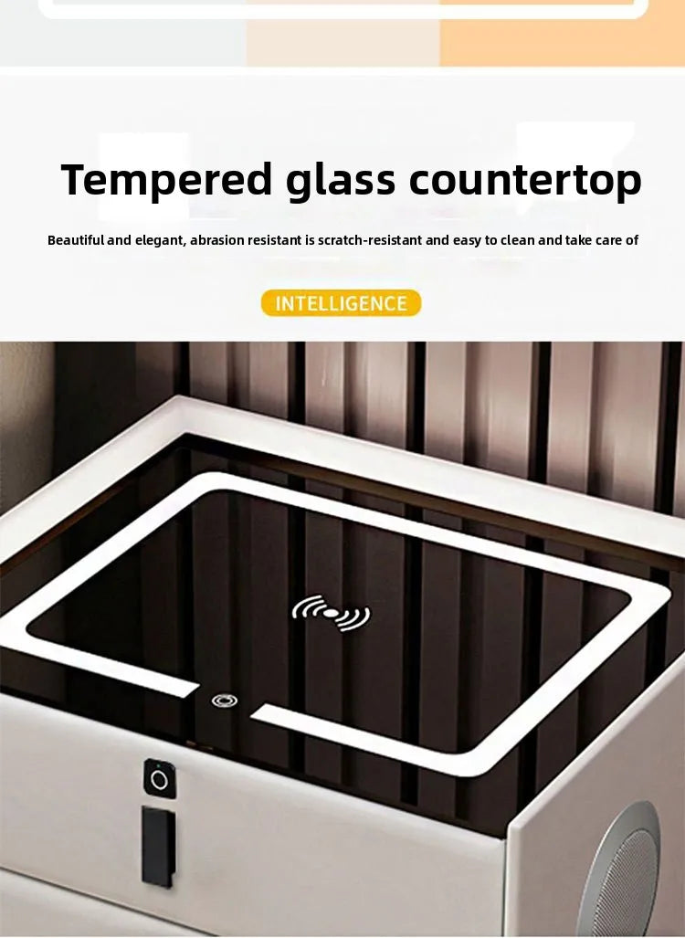 Mesita de noche de madera inteligente con altavoz cargador inalámbrico, mesita de noche minimalista moderna de dos cajones, muebles multifuncionales para el hogar