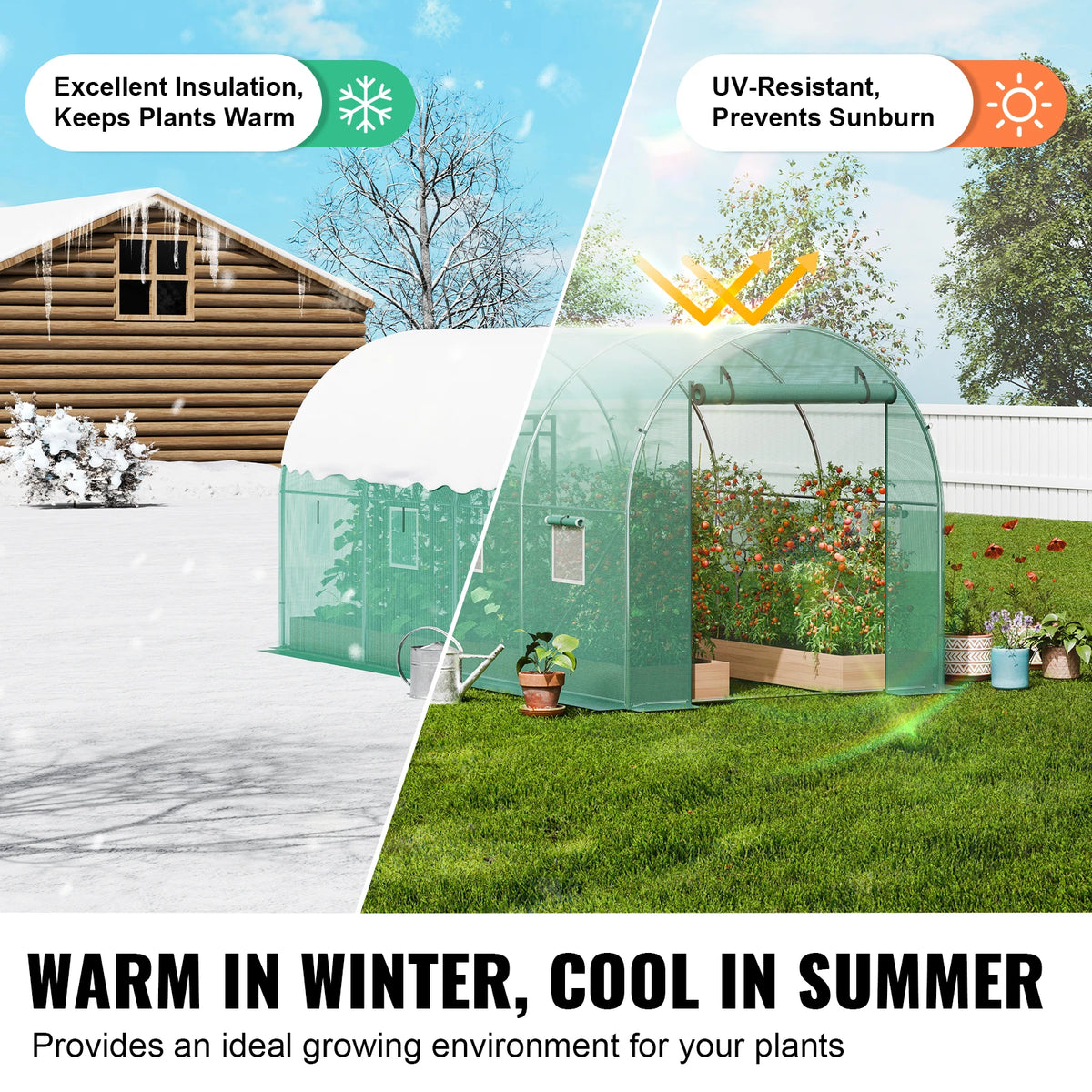 SucceBuy-Casa de aro para invernadero, túnel para invernadero, planta, casa caliente con marco de acero, cubierta de PE, puerta enrollable con cremallera