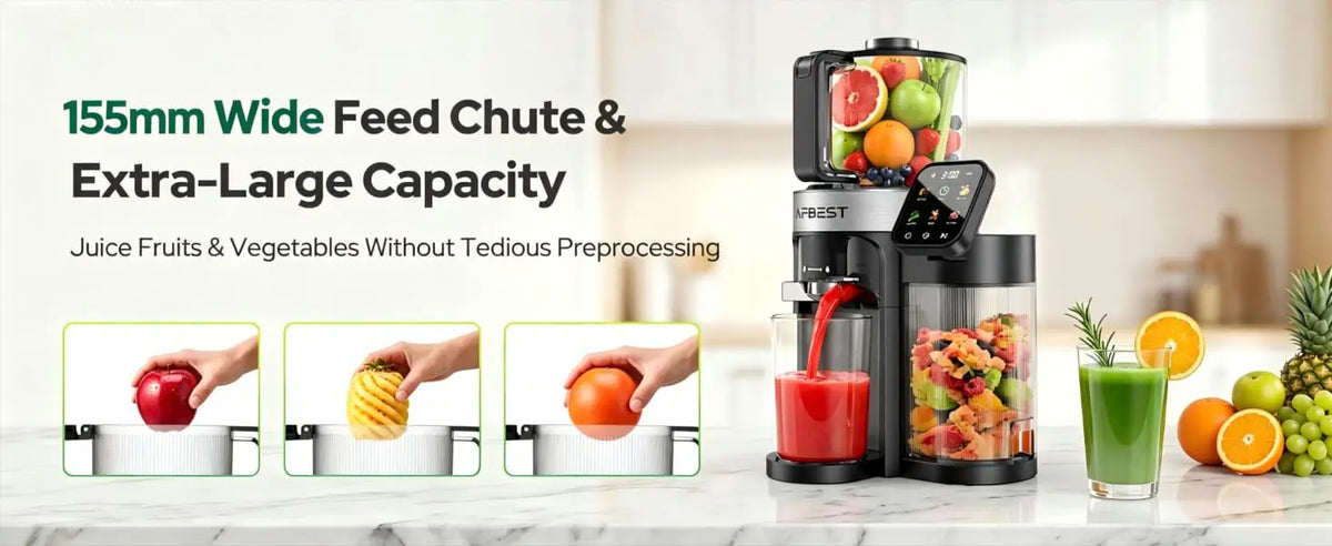 Exprimidor de prensado en frío mejorado 2026 – Boca extra ancha de 6.5 pulgadas, Tolva de alimentación automática de 100 oz, Exprimidor lento inteligente 3 en 1 con pantalla táctil para sorbetes y leche de frutos secos,