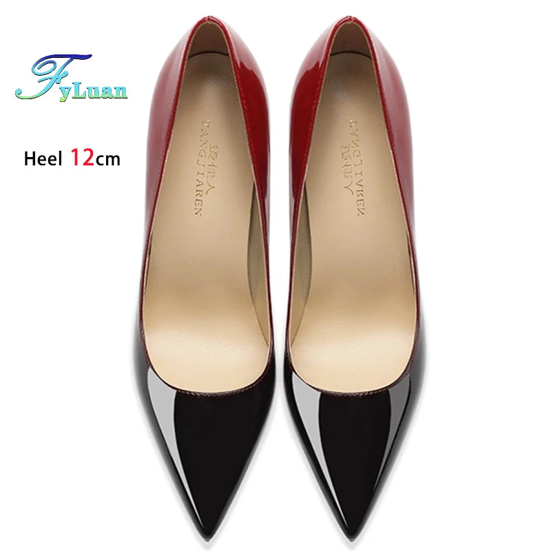 6CM 8CM 10CM 12CM temperamento zapatos individuales señoras negro rojo Color degradado verano puntiagudo charol tacones finos mujeres bombas