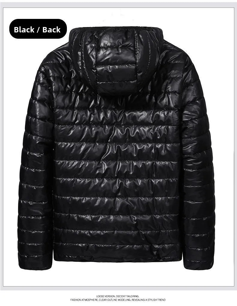 Chaqueta de plumón ligera para hombre, estilo nuevo de otoño-invierno, tipo abrigo acolchado, con cierre de cremallera y capucha, de fibra de poliéster.