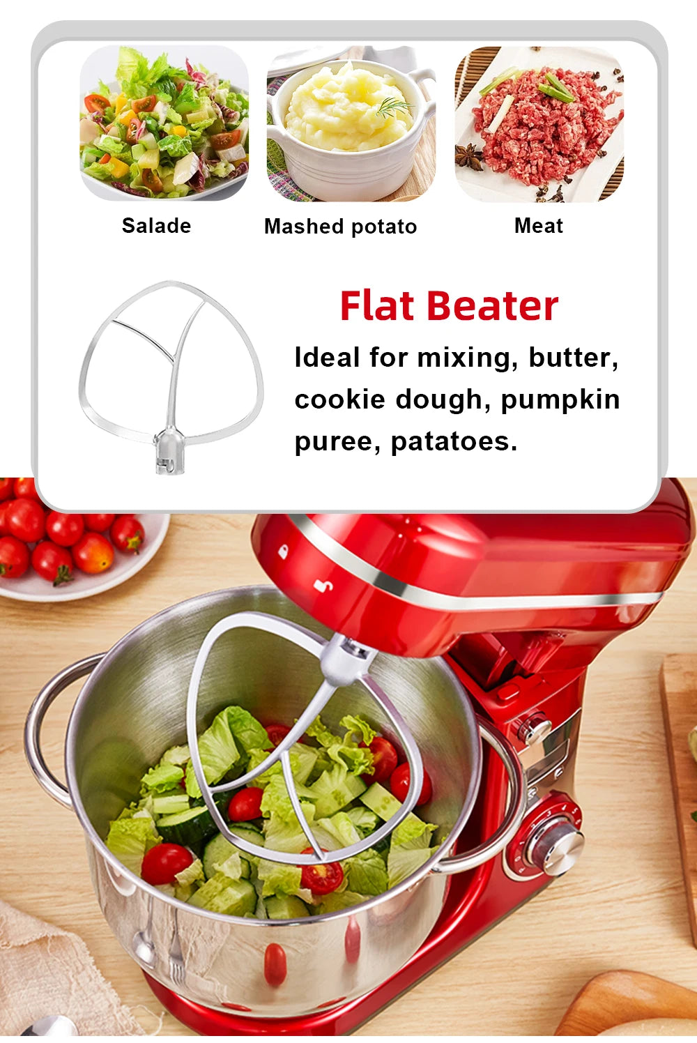 BioloMix Batidora de pie para alimentos de cocina, licuadora, motor silencioso, batidor de huevos y crema, amasadora de masa, 6 velocidades, 1200 W, 6 L, CC