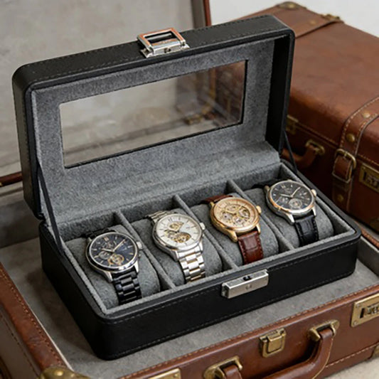 1 caja para relojes de 4 compartimentos, a prueba de polvo con ventana transparente, caja de exhibición y almacenamiento de relojes para hombres y mujeres