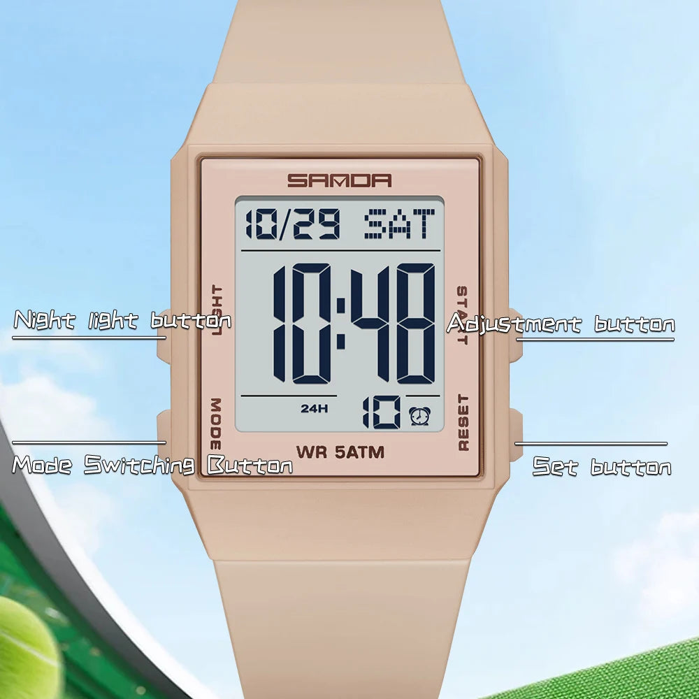 Relojes de Moda SANDA para Mujer, Reloj Deportivo con Correa de Silicona, Resistente al Agua 3ATM, Pantalla LED Digital, Regalo para Mujer