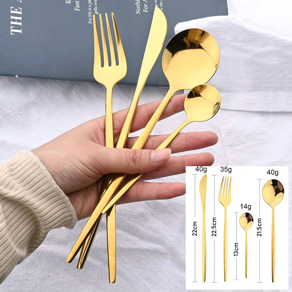 Juego de cubiertos dorados con mango negro, 24 Uds., cuchillo de acero inoxidable, tenedor, cuchara, vajilla, juego de cubiertos, vajilla de cocina para Festival, regalo