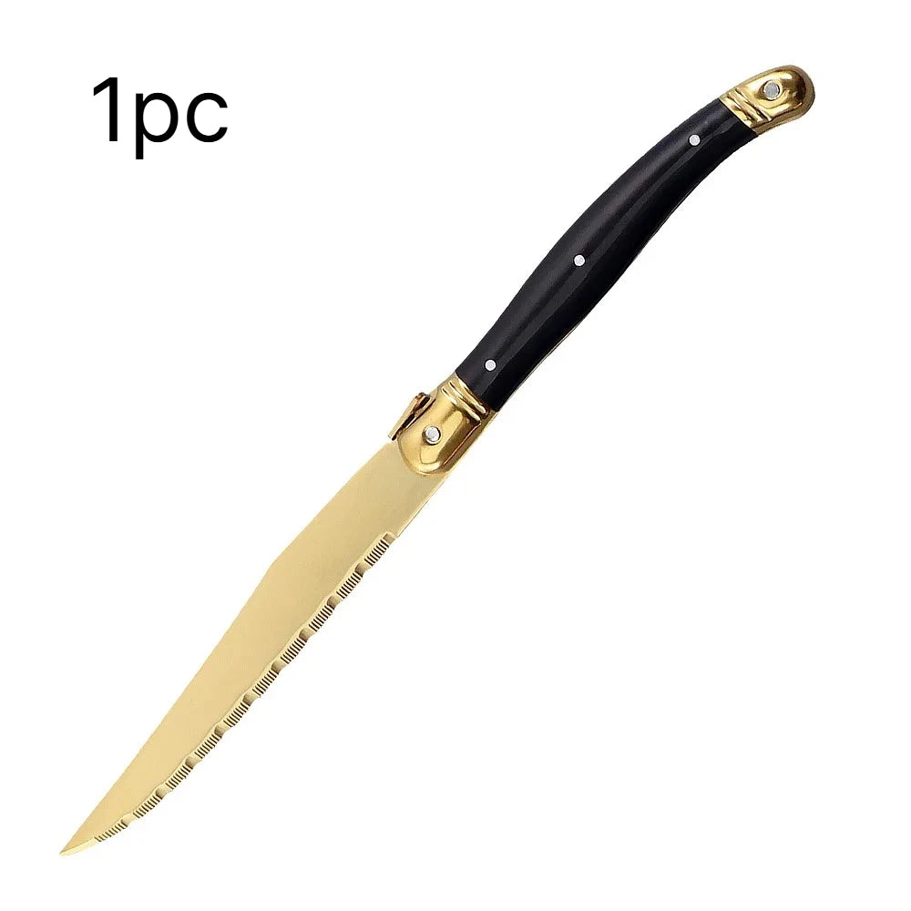 Cuchillos para Carne, Recubiertos de Titanio Dorado, Acero Inoxidable Serrado, Mango Negro, Cuchillo de Cena Estilo Occidental para Cocina, Restaurante y Vajilla