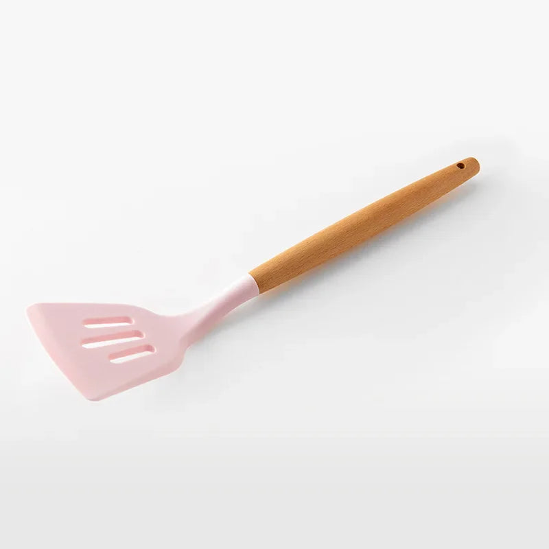 Utensilios de cocina de silicona con mango multifunción de madera, espátula antiadherente, cucharón, batidor de huevos, pala, rosa, nuevo