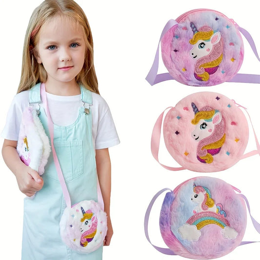 Bolso cruzado de unicornio de dibujos animados para niños, bolso de hombro de felpa bonito, Mochila pequeña para niñas, adecuado para regalos de vacaciones escolares, 2 uds.