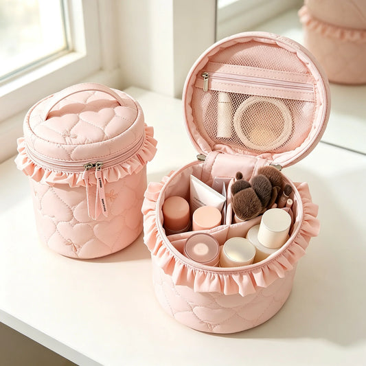 Bolsa de Maquillaje Redonda Acolchada Color Caramelo, Gran Capacidad, Organizador de Cosméticos con Múltiples Compartimentos, Portátil para Viajes