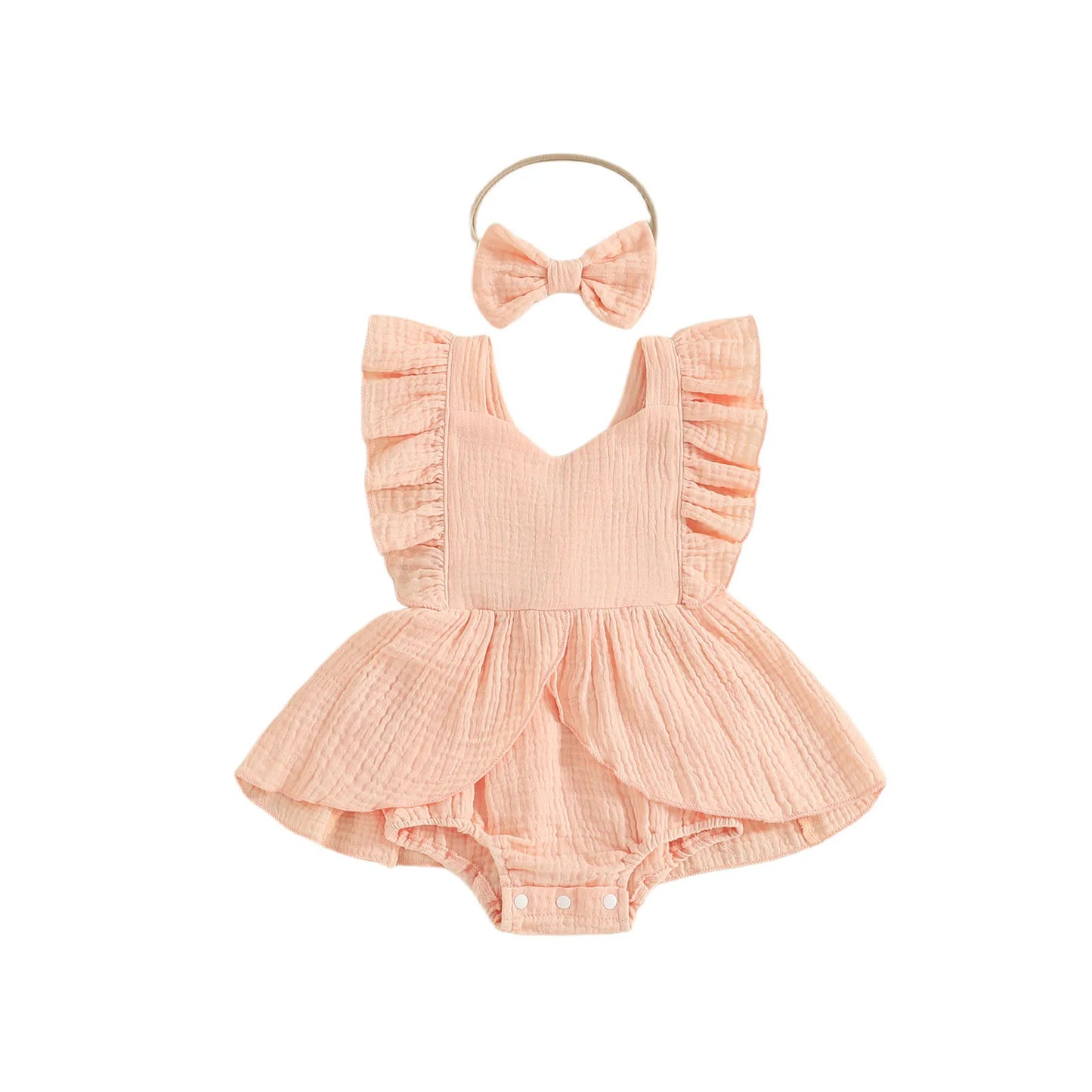 FOCUSNORM 0-18M encantador vestido mameluco para niñas cuello cuadrado manga voladora monos de Color sólido con conjunto de diadema con lazo
