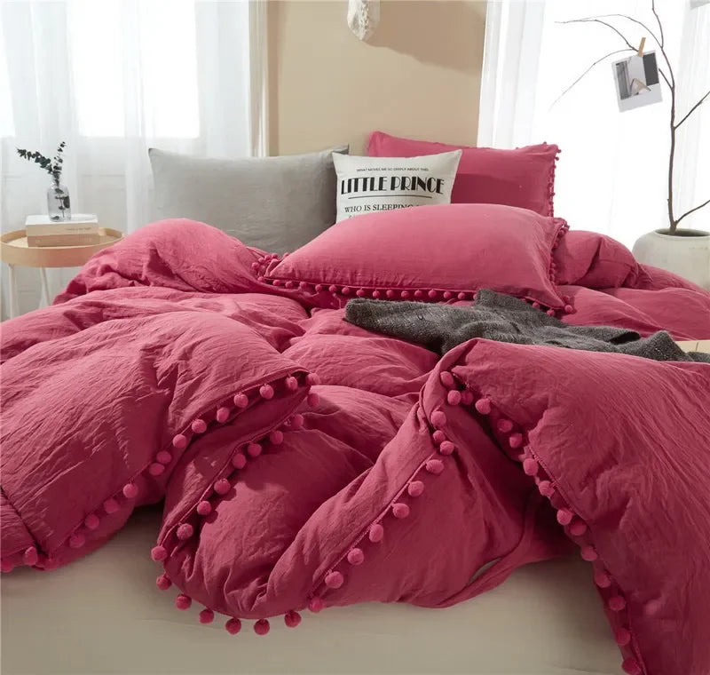 Funda de edredón suave y lavada, Juego de 3 piezas, funda de almohada, juego de ropa de cama para Twin, Full, Queen, King Size, decoración de pompones