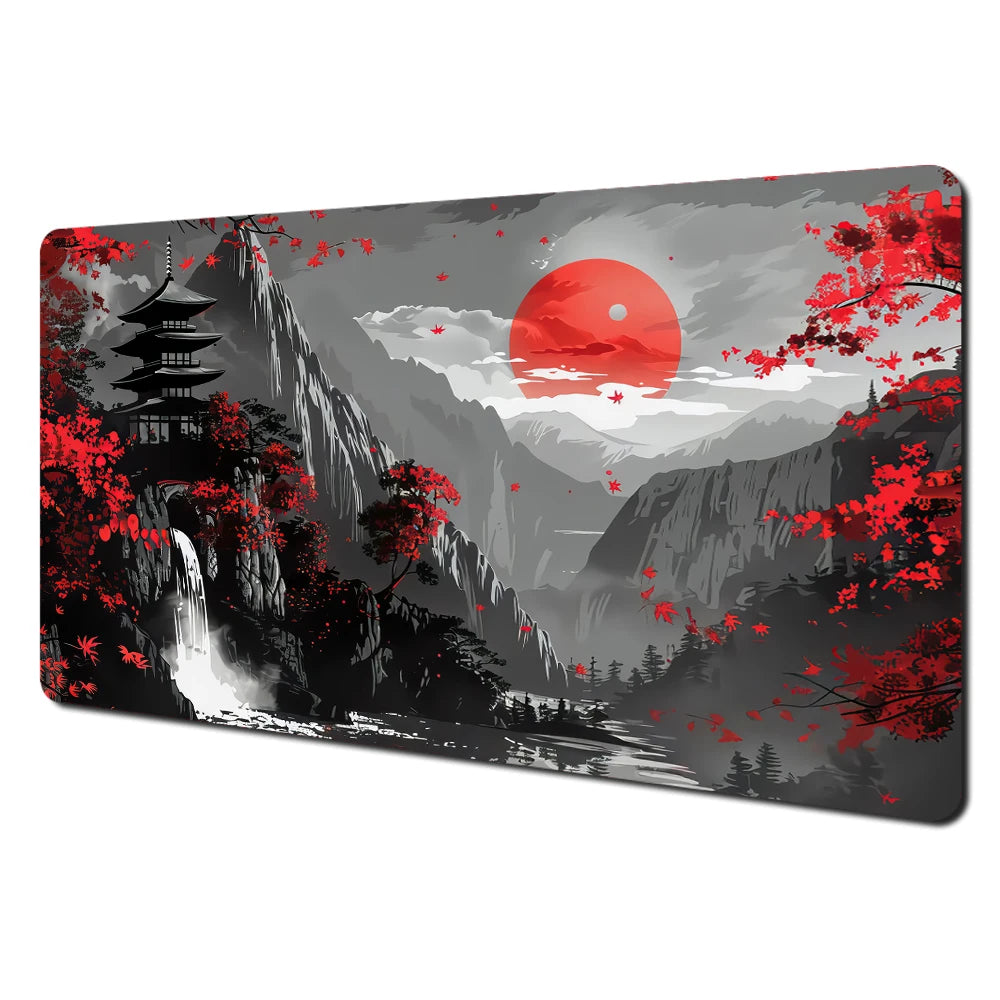 Alfombrilla de ratón grande con paisajes artísticos en rojo y negro, alfombrilla de escritorio duradera antideslizante, accesorios de oficina, alfombrilla para teclado y ratón, Tapis De Bureau
