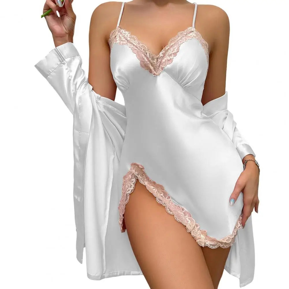 Conjuntos de pijama sedoso de satén para mujer, camisón de encaje con bata, Mini camisón, traje de 2 piezas, ropa de dormir