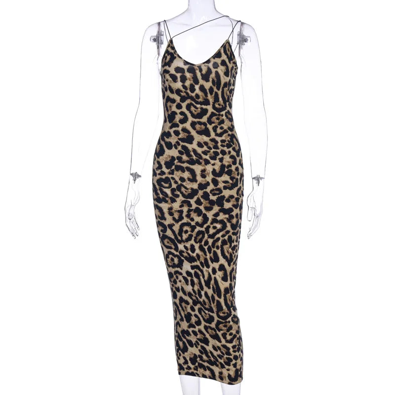 Vestido elegante sin mangas de leopardo para mujer, ropa Sexy de verano, moda femenina, cintura alta, tirantes finos, vestidos de fiesta de noche ajustados