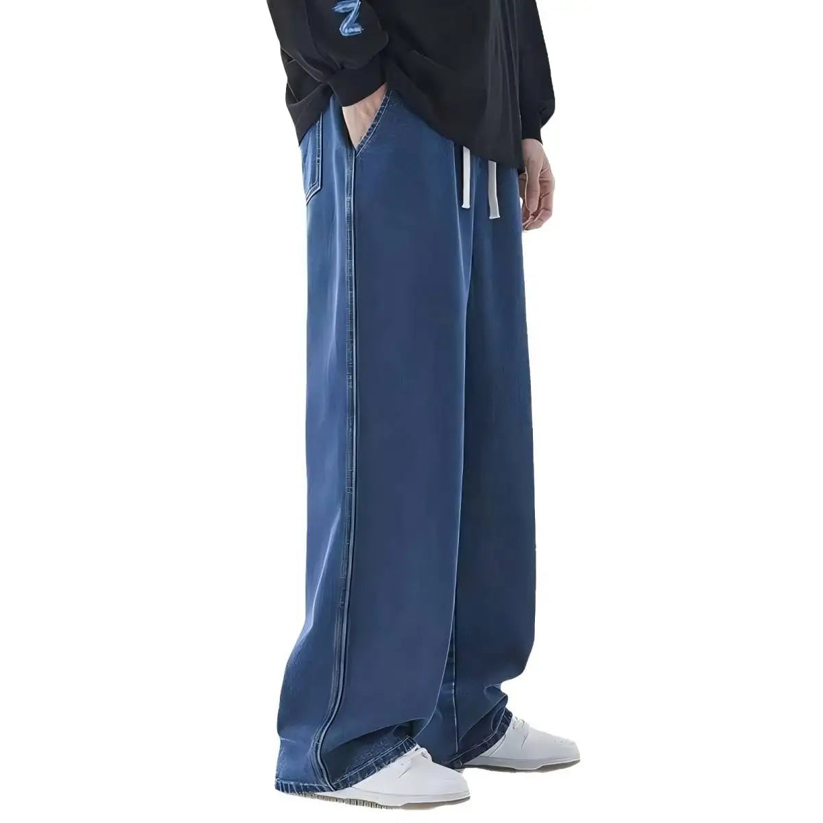2025 nueva ropa para hombres pantalones de pierna ancha de mezclilla sueltos europeos y americanos pantalones vaqueros de pierna recta de cintura alta ajustados para hombres