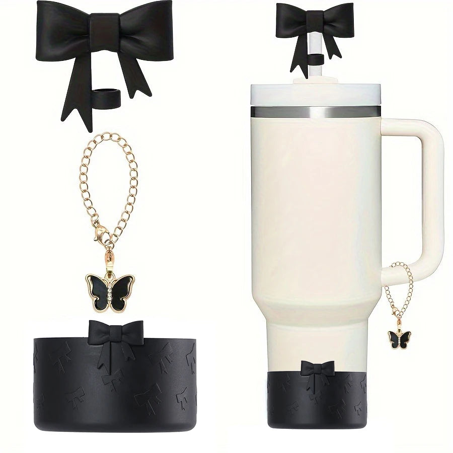 Juego de 3 Cubiertas de Silicona para Vasos con Diseño de Lazo y Cadena de Mariposa Rosa, Accesorios para Vasos de 30/40 oz ﻿