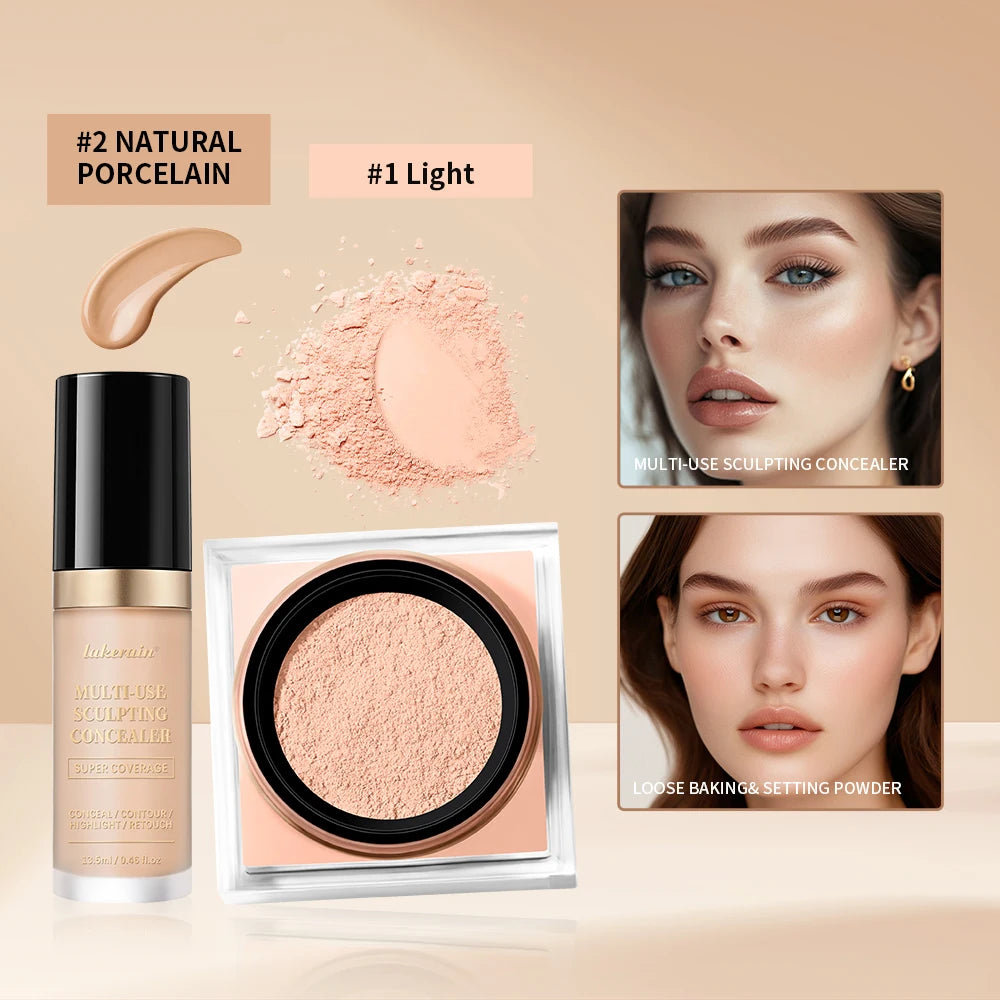 Juego de maquillaje facial de 2 piezas con corrector y polvo fijador suelto, acabado mate natural para el rostro, cosméticos para mujer, maquillaje coreano