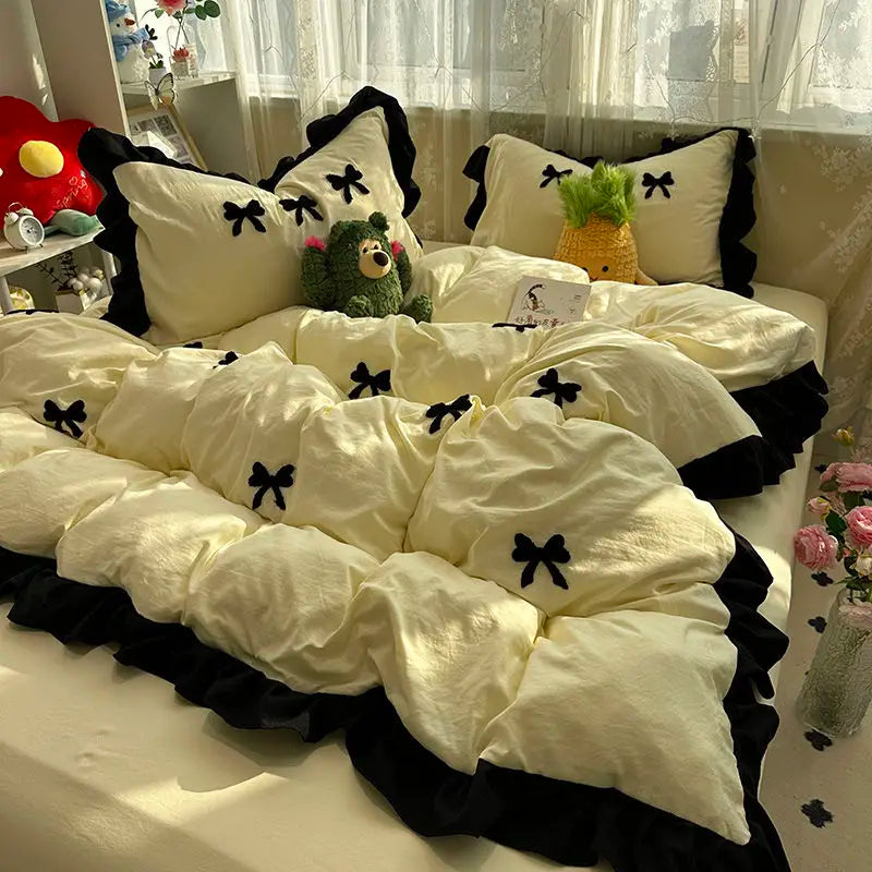 Juego de cama con lazo rosa Ins, funda nórdica con volantes, juego de sábanas planas, juego de ropa de cama de princesa para mujeres y niñas, ropa de cama individual doble Queen