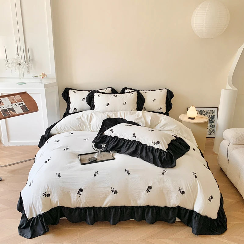 Juego de funda nórdica bordada con rosas de 3 piezas (1 funda nórdica + 2 fundas de almohada, sin núcleo), juego de cama de encaje estilo princesa