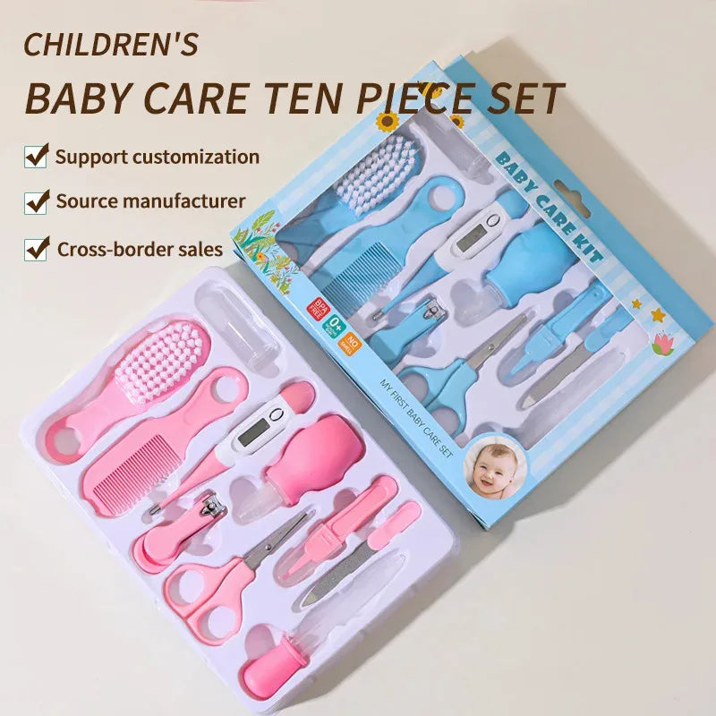 Kit de Cuidado para Bebés 10 en 1: Set de Aseo para Recién Nacidos (Cortaúñas/Cepillo/Termómetro) para Bebés (Rosa/Azul)