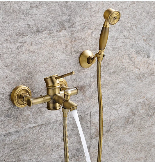 Grifo de ducha de baño antiguo, mezclador de bañera caliente y fría, grifo de grúa, montaje en pared, Material de latón, juego de baño de Bambú
