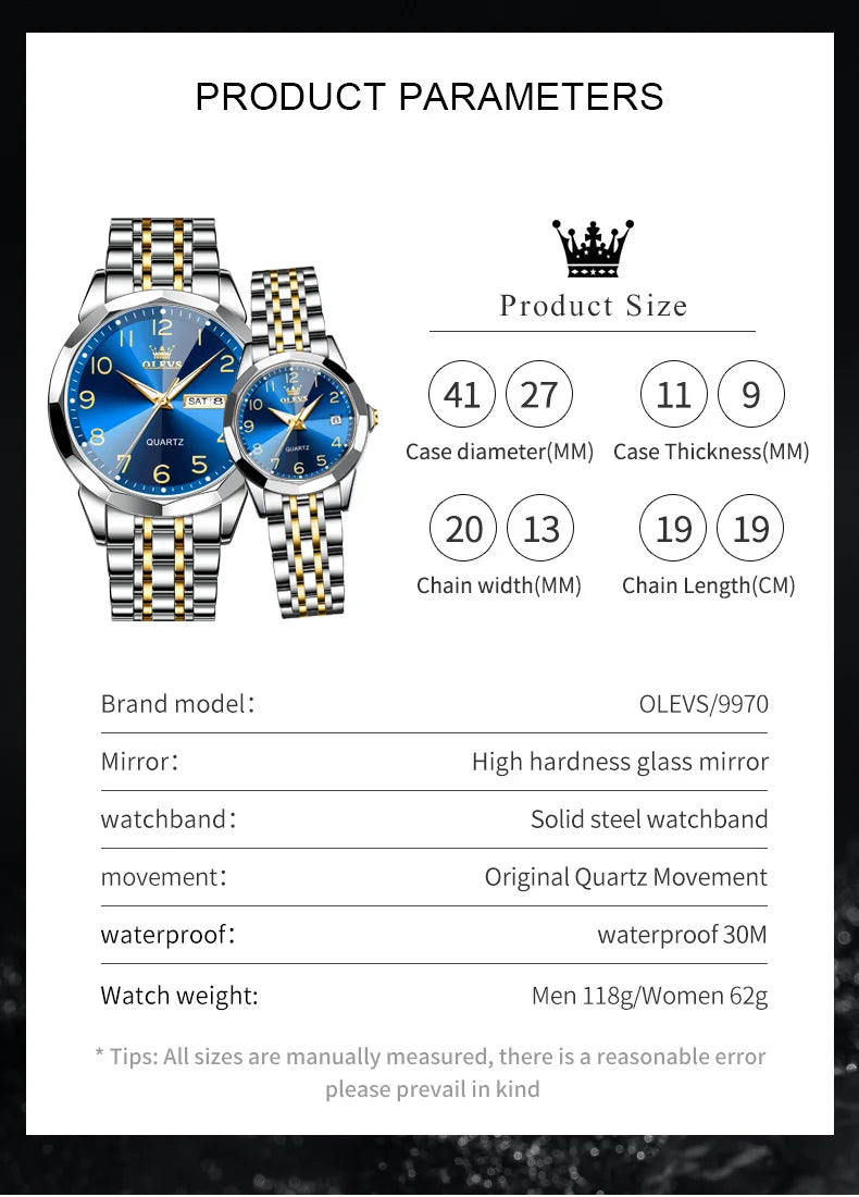 OLEVS 9970 reloj de lujo para parejas, reloj de pulsera con calendario resistente al agua de acero inoxidable para hombres y mujeres, reloj para amantes del espejo con rombos y esfera Digital