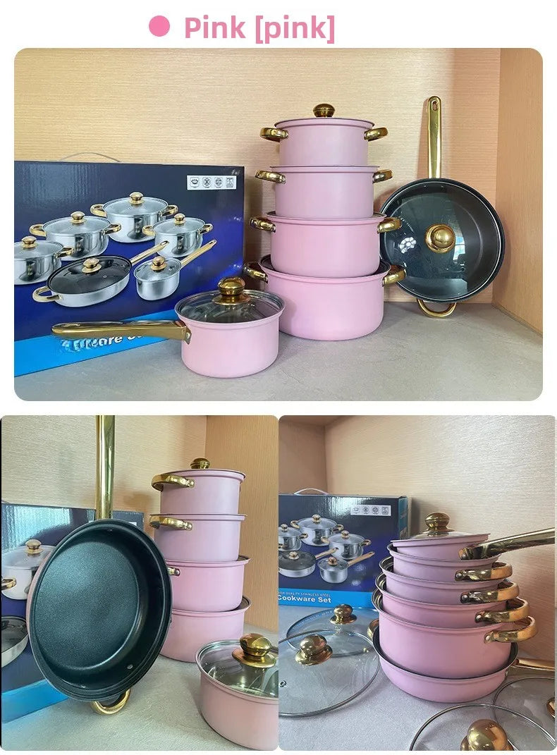 Juego de Ollas de Acero Inoxidable de 12 Piezas, Olla para Sopa, Sartén Antiadherente, Olla para Leche con Asa Dorada
